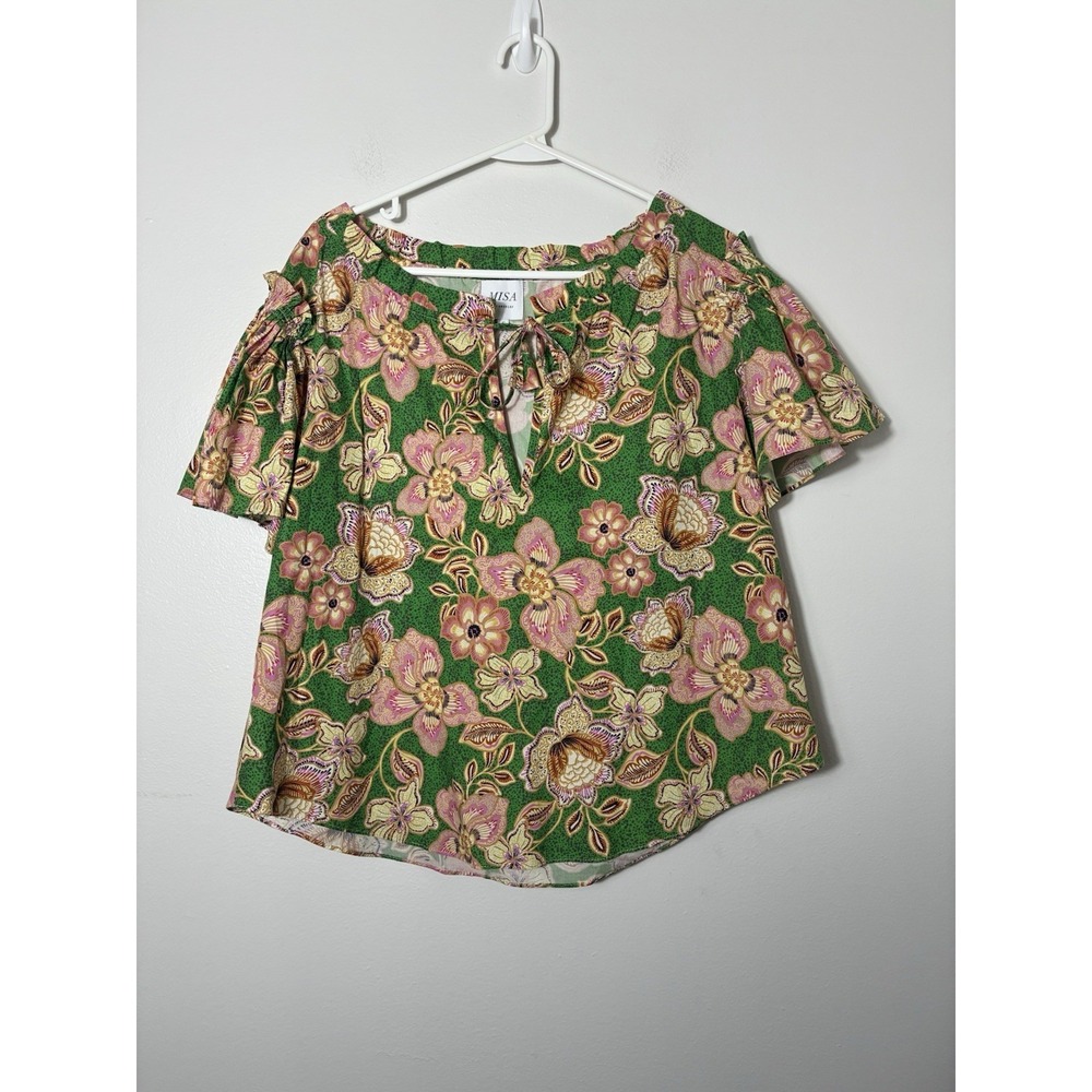 misa Los Angeles Blouse Oversized Small Flutter Sleeve Green Floral Cotton Boho